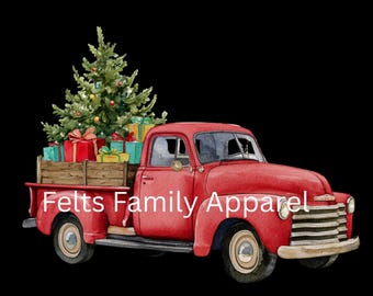 Vintage röd jullastbil clipart | Retro semester PNG | Julgran och presenter akvarell design