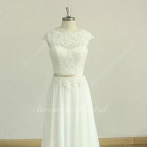 Romantic Ivory open back chiffon lace A line simple destination wedding dress