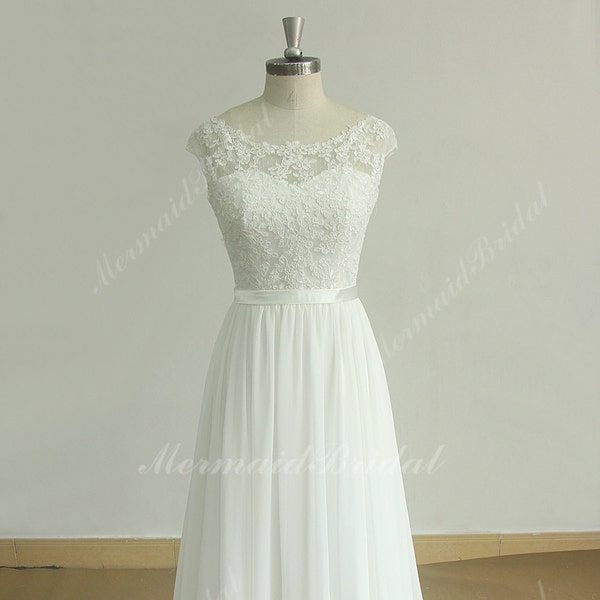 Stunning open back A line chiffon lace  beach wedding dress with sweetheart neckline