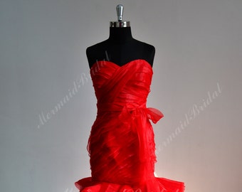 Fit and flare Red organza floral ruffled fomal wedding dress with corset back