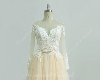 Romantic champagne a line lace wedding dress with removable train and long sleeves