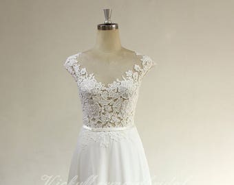 Romantic A line ivory chiffon lace wedding dress, beach wedding dress with capsleeves and open back