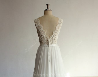 Ivory Chiffon Wedding Dress: Bohemian Lace Scallop Back Gown