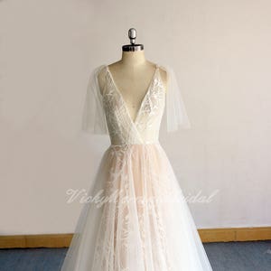 Sexy Blush Aline Tulle Lace Wedding Dress, Bohemian Wedding Dress, Beach wedding dress with Deep V neckline
