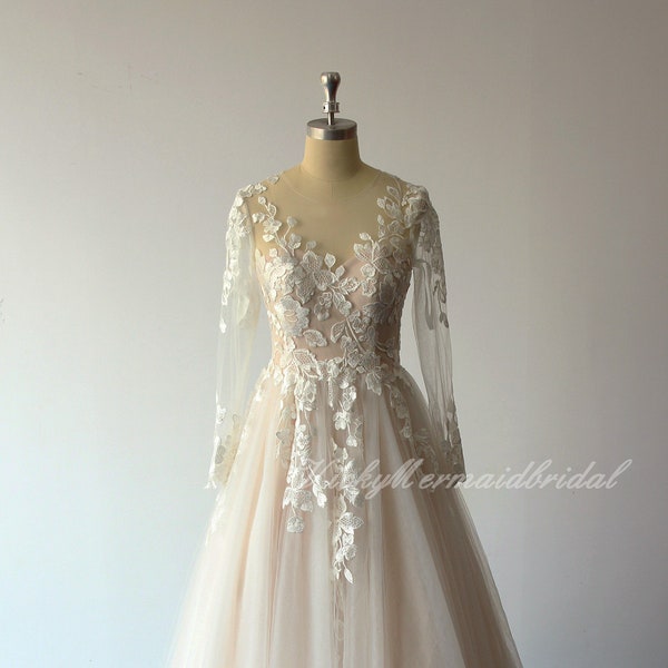 Elegant Bohemian Wedding Dress, tulle lace weddng dress, blush aline wedding dress with long sleeves