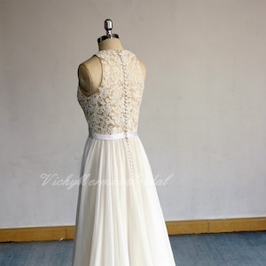 Romantic Aline chiffon lace wedding dress,sleeveless boho dress,bohemian wedding dress,bohemian bridal gown with champagne liningg