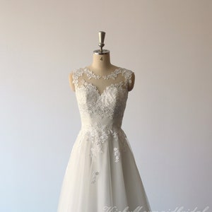 Lovely tea length tulle lace wedding dress, short wedding dress, destination wedding dress with illusion back