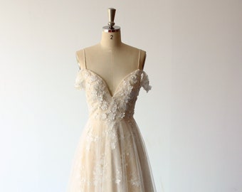 High fashion off the shoulder tulle lace weddding dress, aline wedding dress, open back wedding dress with blush lining