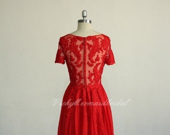 Unique Vintage Chiffon Lace Wedding Dress, red wedding dress,bohemian wedding dress,bohemian bridal gown with short sleeves
