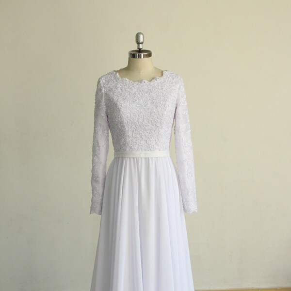 Flowy white modest bohemian wedding Dress, chiffon lace wedding dress, beach wedding gown with long sleeves