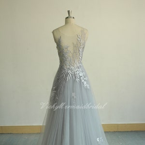 Unique aline Tulle Lace Wedding Dress, dusty blue bridal gown, boho Wedding dress, vintage lace wedding dress with Sweetheart Neckline