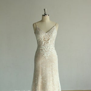 Very elegant fit and flare vintgae lace wedding dress, 3D lace wedding dress, sexy bohomian dress with deep v neckline and open back