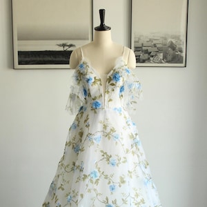 Blue Floral Print Organza Wedding Dress: Off-Shoulder A-Line Gown