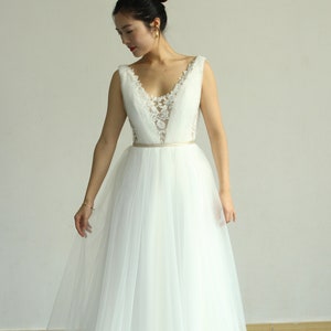 Romantic deep v a-line tulle lace wedding dress, ivory bohomian wedding dress, open back wedding gown with champagne waistband