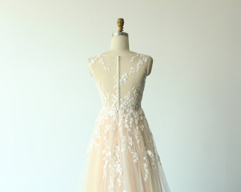 Custom a-line tulle lace wedding dress, champagne bohomian wedding dress with deep V neckline and illusion buttons back