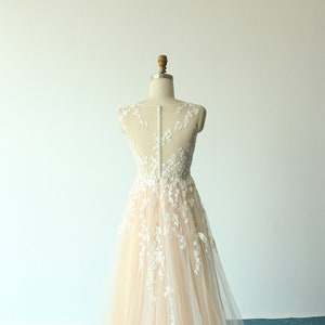 Custom a-line tulle lace wedding dress, champagne bohomian wedding dress with deep V neckline and illusion buttons back