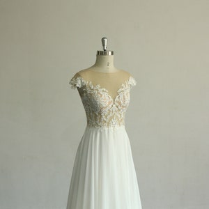 Elegant A-Line Chiffon Lace Wedding Dress: Open Back Bohemian Bridal Gown
