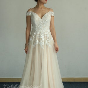 High fashion off the shoulder pale blush tulle lace weddding dress, a-line wedding dress, open back wedding dress/prom dress