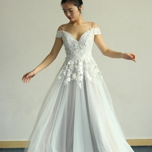 High fashion off the shoulder silver tulle lace weddding dress, a-line wedding dress, open back wedding dress/prom dress