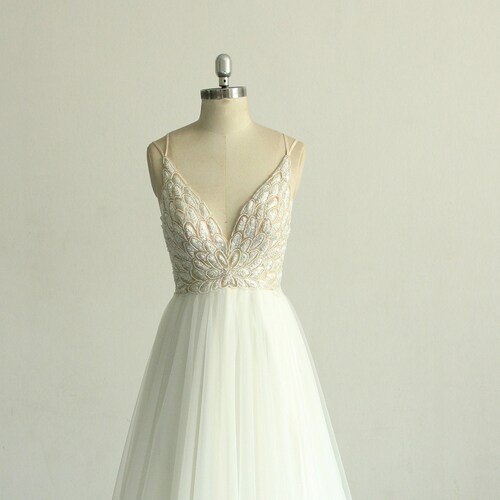 Open back sexy a-line wedding dress, heavy beading bohomian wedding dress, high fashion prom dres with open back and deep v-neckline