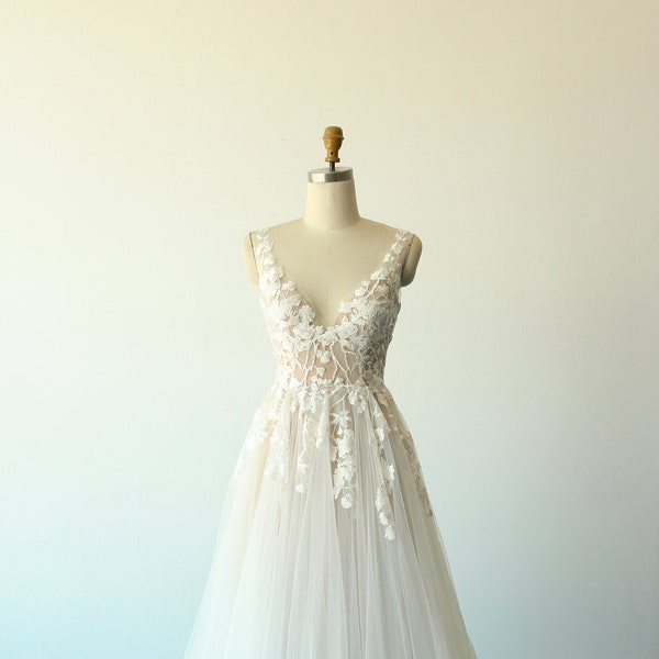 Elegant flowy A-line deep V neckline tulle lace wedding dress, boho wedding dress with dark champagne lining and chapel train