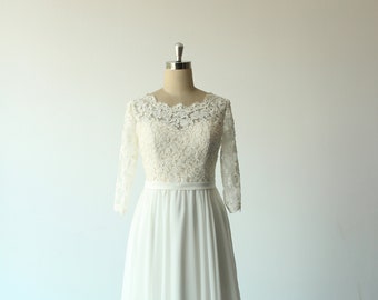 Simple Ivory a-line chiffon lace wedding dress, bohomian wedding gown with 3/4 length sleeves and scallop lace neckline