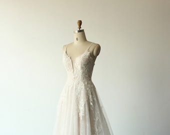 Gorgeous deep V neckline wedding dress,A-line deep V tulle lace wedding gown, double layered lace with blush lining