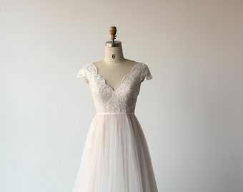 Fairy tale blush pink lace wedding Dress, light wedding gown, beach wedding dress with cap sleeves and slim a line skirt