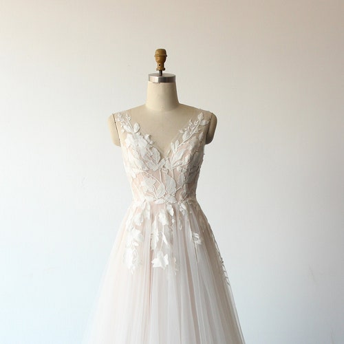Fairy flowy a-line tulle lace wedding dress,beach wedding gown with pale blush lining and deep V neckline