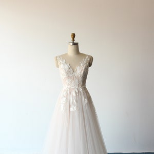 Fairy flowy a-line tulle lace wedding dress,beach wedding gown with pale blush lining and deep V neckline