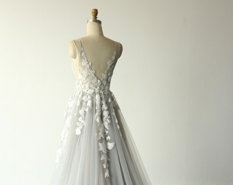 Fairy Dusty blue 3D Lace Wedding Dress, Light Forest wedding dress, A Line wedding gown /Open Back/Deep V Neckline/Spaghetti Straps
