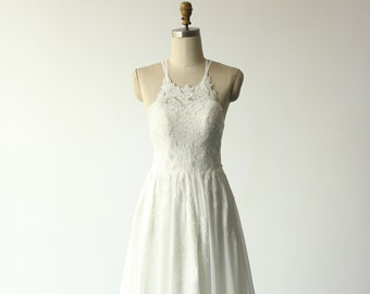 Amazing flowy ivory chiffon lace wedding dress, halter wedding gown, 3D lace bohomian wedding dress with chapel train