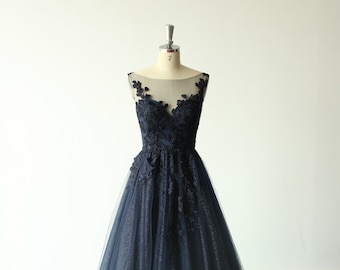 Custom made navy blue A-line tulle lace wedding dress,boho wedding dress, prom gown with glittery lining