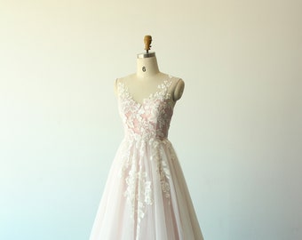 Unique blush pink tulle lace wedding Dress, A-line wedding dress with sweetheart neckline and glittery lining