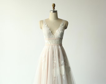 Blush Open Back Wedding Dress: 3D Lace A-Line Tulle Gown