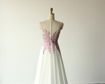Elegant Purple 3D Lace Wedding Dress/ Destination Wedding Gown/A line Garden Wedding Dress with lovely Sheer Back
