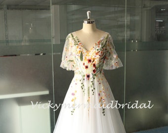 Unique Wild Flower Wedding Dress, Colorful A Line Forest wedding gown, Bohomian Wedding Dress with Butterfly sleeves