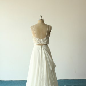 Romantic two piece  lace wedding dress, boho wedding dress,with ruffled linen wedding skirt, lace body suit