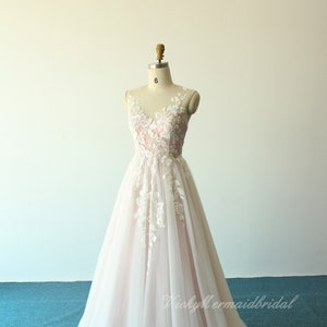 Unique blush pink tulle lace wedding Dress, A-line wedding dress with sweetheart neckline and glittery lining