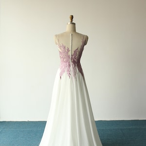 Elegant Purple 3D Lace Wedding Dress/ Destination Wedding Gown/A line Garden Wedding Dress with lovely Sheer Back