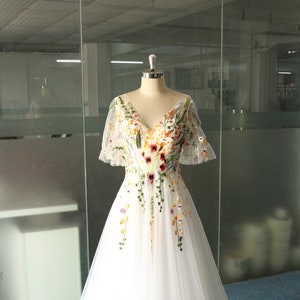 Unique Wild Flower Wedding Dress, Colorful A Line Forest wedding gown, Bohomian Wedding Dress with Butterfly sleeves