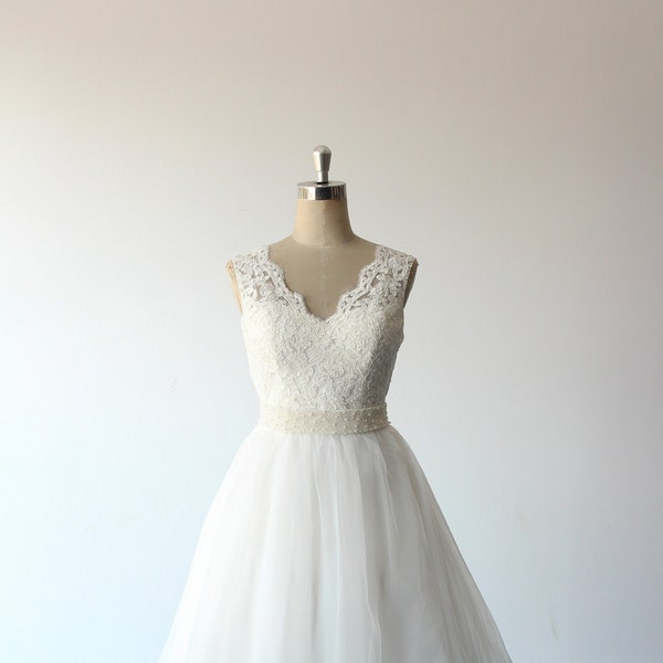 Flowy ivory tea length lace wedding dress, destination wedding dress prom gown with pearl sash and V scallop neckline