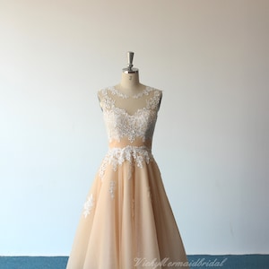 Lovely tea length tulle/ organza lace wedding dress, short champagne wedding dress, destination wedding dress with illusion buttons back