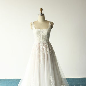 Exquisite Square Neckline Wedding Dress, A Line 3D Tulle Lace Wedding Gown With Corset Top and polka Dot Tulle Lining