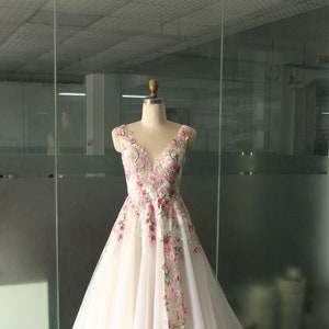 Elegant Pink and Blush Wild Flower Lace Wedding dress,  Colorful 3D lace Wedding Gown Unique Prom Dress with Bling Beading