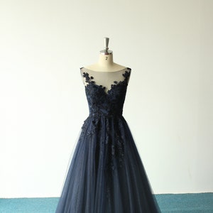 Custom Navy Blue Lace Wedding Dress: Glittery Tulle A-Line Boho Gown