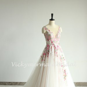 Elegant Pink and Blush Wild Flower Lace Wedding dress,  Colorful 3D lace Wedding Gown Unique Prom Dress with Bling Beading