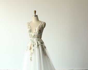 Unique Colorful 3D lace wedding dress,Garden wedding gown,Floral Print wedding dress with Deep V Neckline/Open Back/Dual Waistband