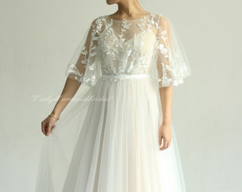 A-Line Tulle Lace Wedding Dress: Boho Blush Lining, Butterfly Sleeves