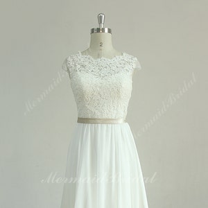Elegant keyhole back knee length chiffon lace wedding dress with champagne sash
